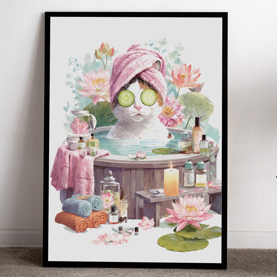 Spa Cat Art Relaxing Wall Decor Pink Bathroom Poster Selfcare Illustration Gift For Lover