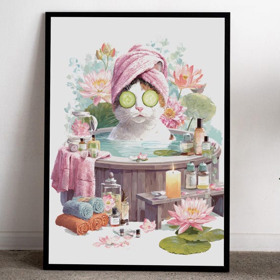 Spa Cat Art Relaxing Wall Decor Pink Bathroom Poster Selfcare Illustration Gift For Lover