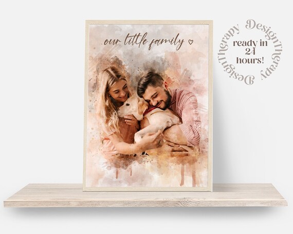 Our Little Family Custom Watercolor Portrait Couple With Dog Art Poster