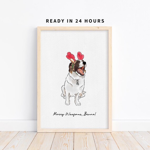 Merry Woofmas Bruno Custom Dog Portrait Reindeer Antlers Holiday Pet Poster