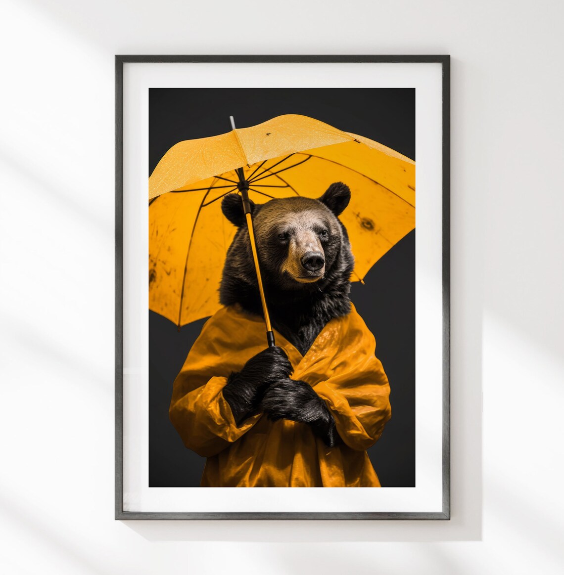 Black Bear In Yellow Raincoat Holding Umbrella Funny Wildlife Poster