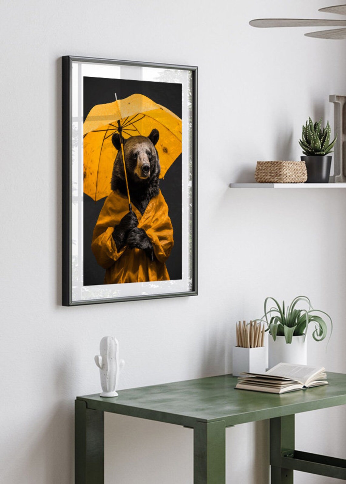 Black Bear In Yellow Raincoat Holding Umbrella Funny Wildlife Poster - Image 3