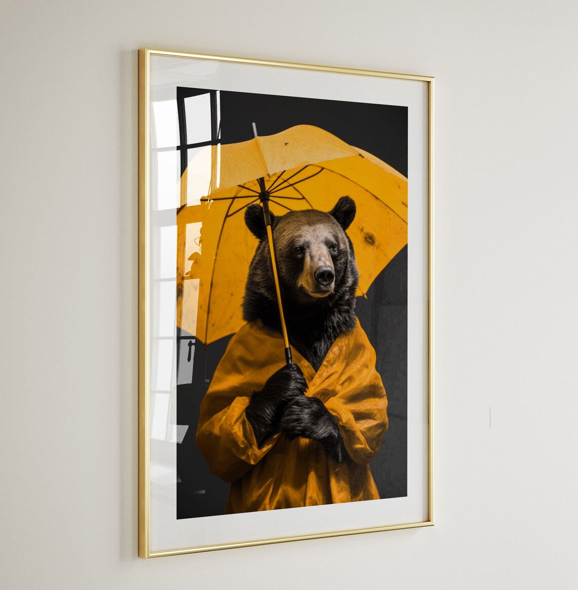 Black Bear In Yellow Raincoat Holding Umbrella Funny Wildlife Poster - Image 4