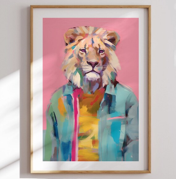 Stylish Lion Wearing Denim Jacket Colorful Pop Art Animal Poster