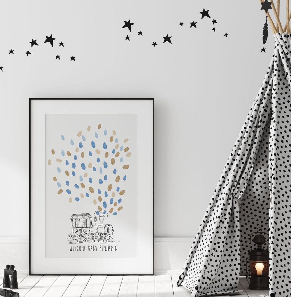 Train Baby Guest Book Birthday Fingerprint Balloon Sketch - Image 3