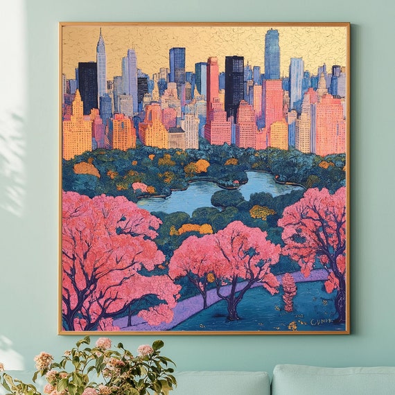 Vibrant New York City Skyline Art Central Park View Print Cherry Blossom Nyc Wall Urban Landscape Home Decor