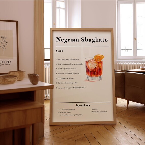 Negroni Sbagliato Cocktail Recipe Illustrated Drink Guide Poster