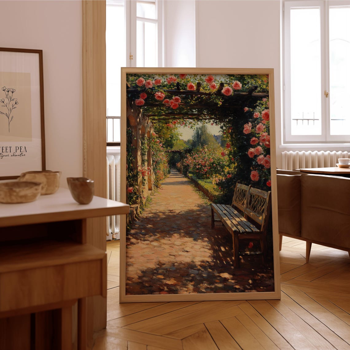 Rose Pergola Garden Walkway Bench Romantic Floral Path Wall Art