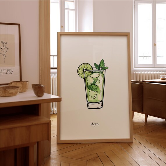 Mojito Cocktail Illustration Print Stylish Bar Wall Art Framed Or Unframed Poster Gift For Enthusiasts