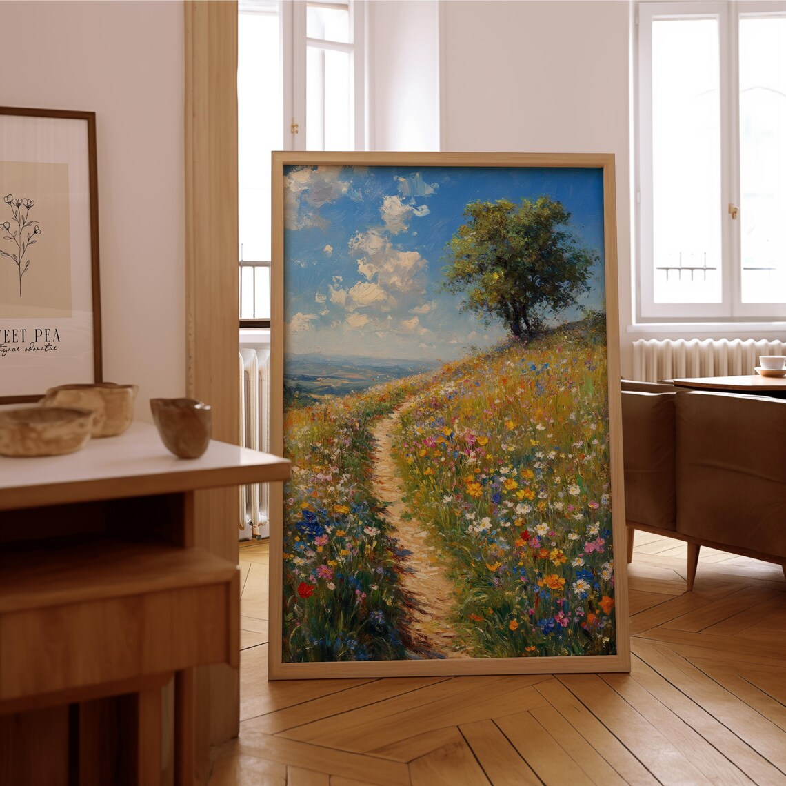 Impressionist Meadow Path Poster Wildflower Hill Landscape Oil Painting