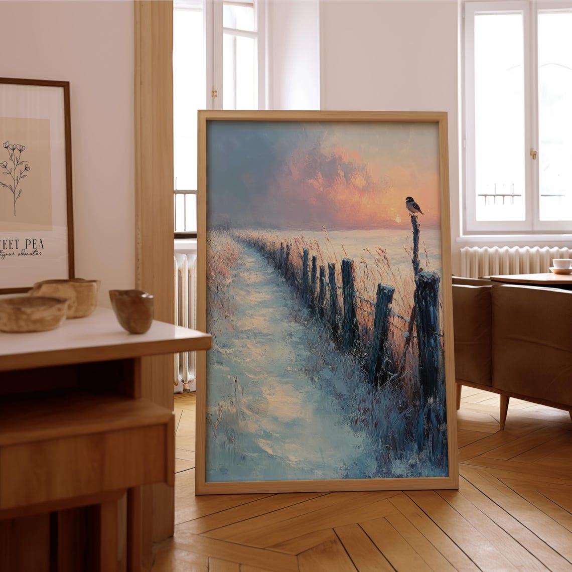 Winter Snowy Path Old Fence Bird Sunset Impressionist Art Poster