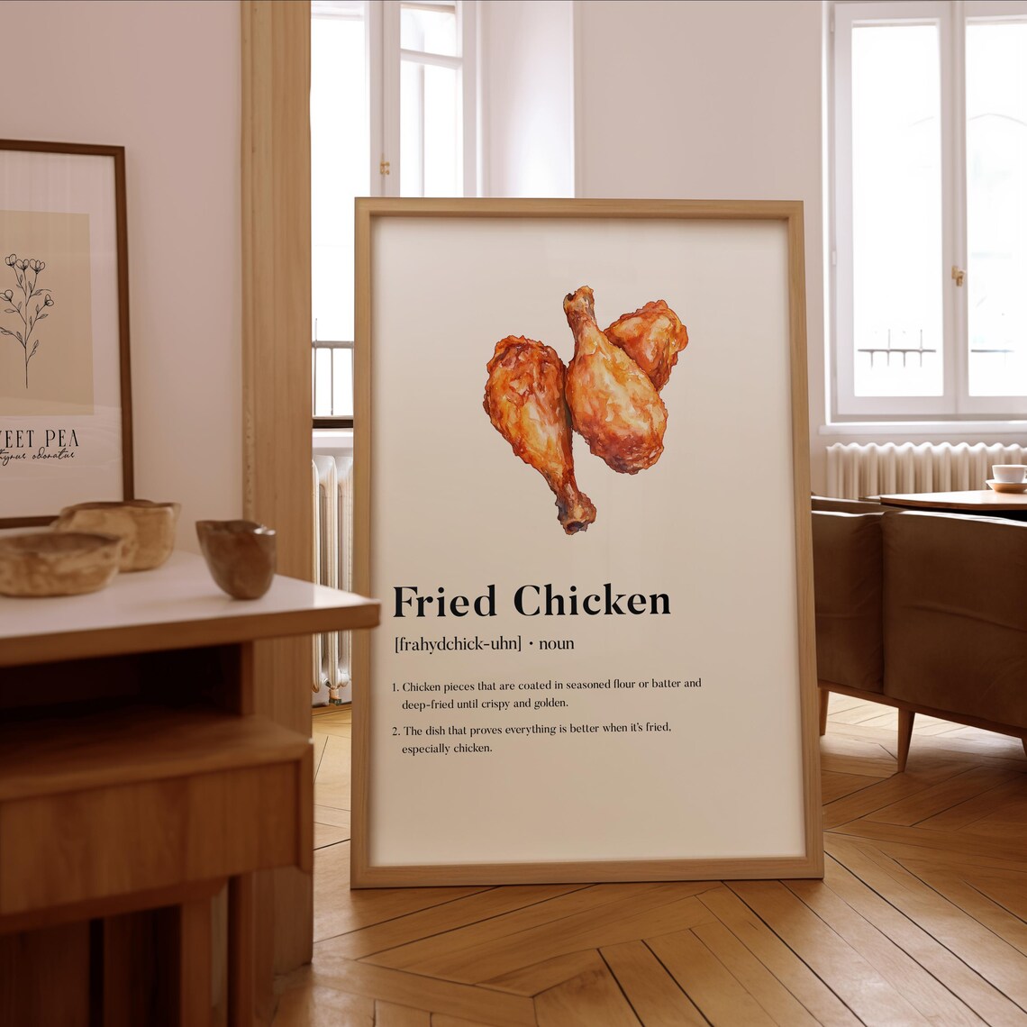 Fried Chicken Definition Print Watercolor Drumsticks Kitchen Wall Decor