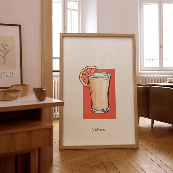 Paloma Cocktail Illustration Grapefruit Salted Rim Bar Art Poster
