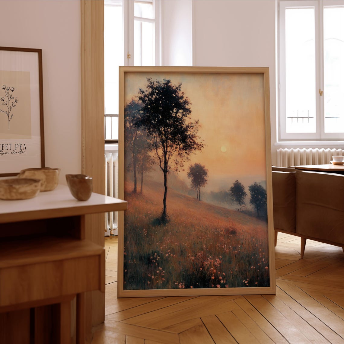 Lone Tree Sunset Meadow Wildflowers Impressionist Art Poster