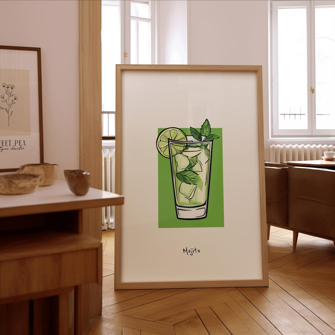 Mojito Cocktail Illustration Fresh Lime Mint Stylish Modern Bar Poster