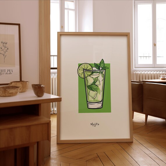Mojito Cocktail Illustration Print Stylish Bar Wall Art Framed Or Unframed Poster Gift For Enthusiasts
