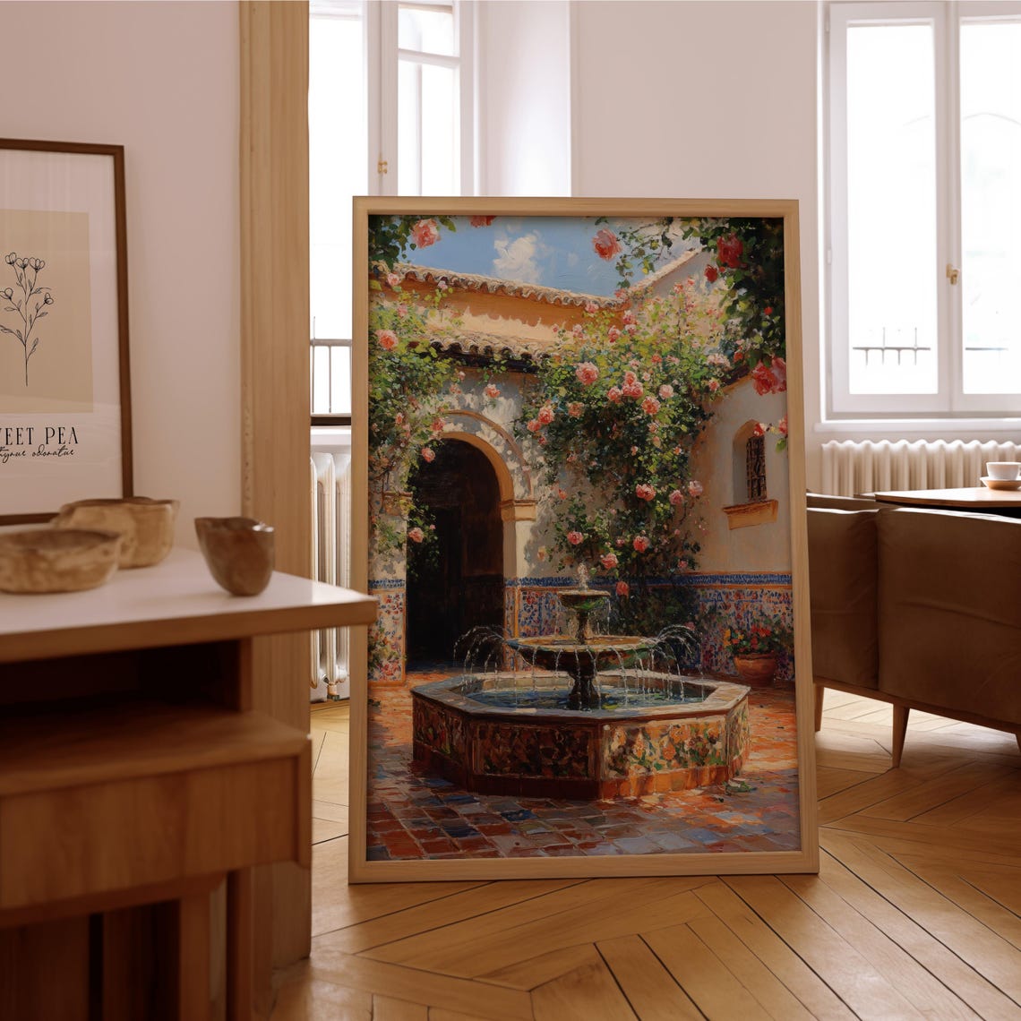 Sunny Courtyard Fountain Climbing Roses Mediterranean Art Poster