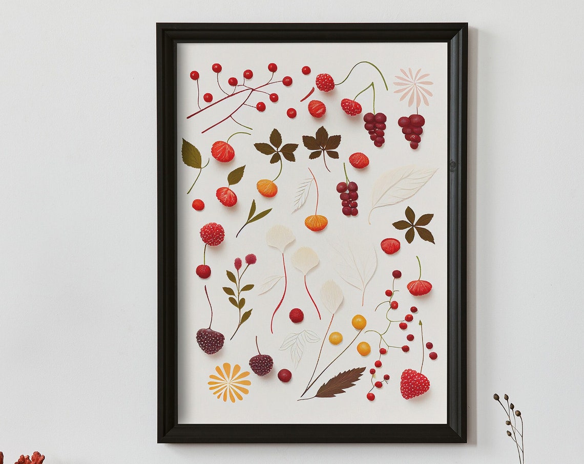 Autumn Red Wild Berries Scattered with Leaves Botanical Poster