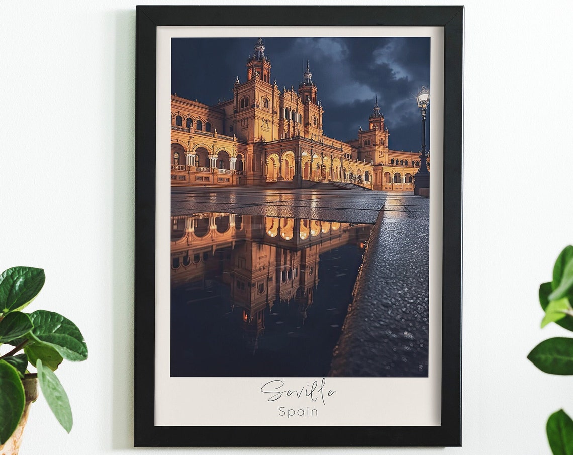 Seville Spain Plaza de Espana Night Reflection Travel Poster