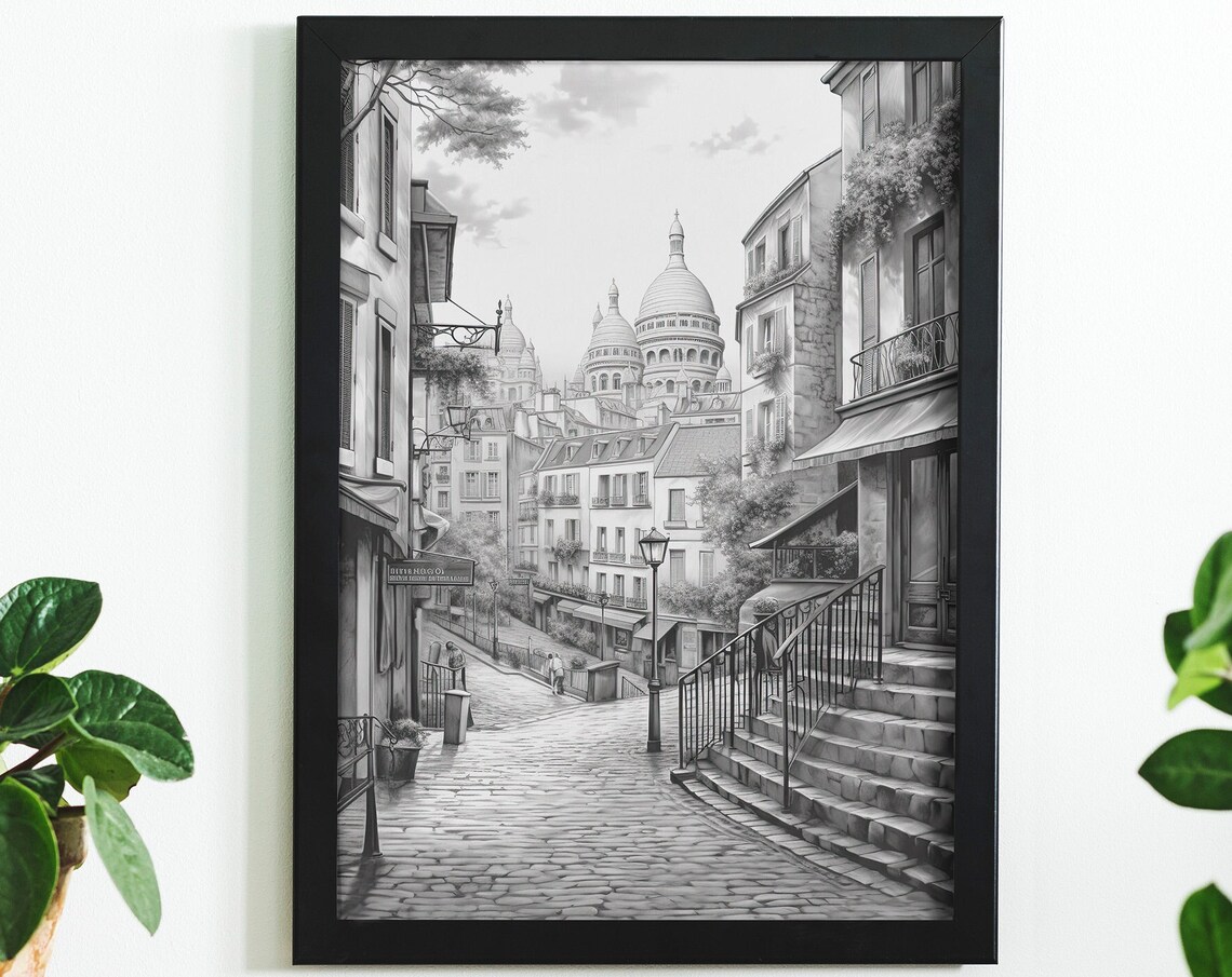 Montmartre Paris Sacre Coeur Street Black White Sketch Art Poster