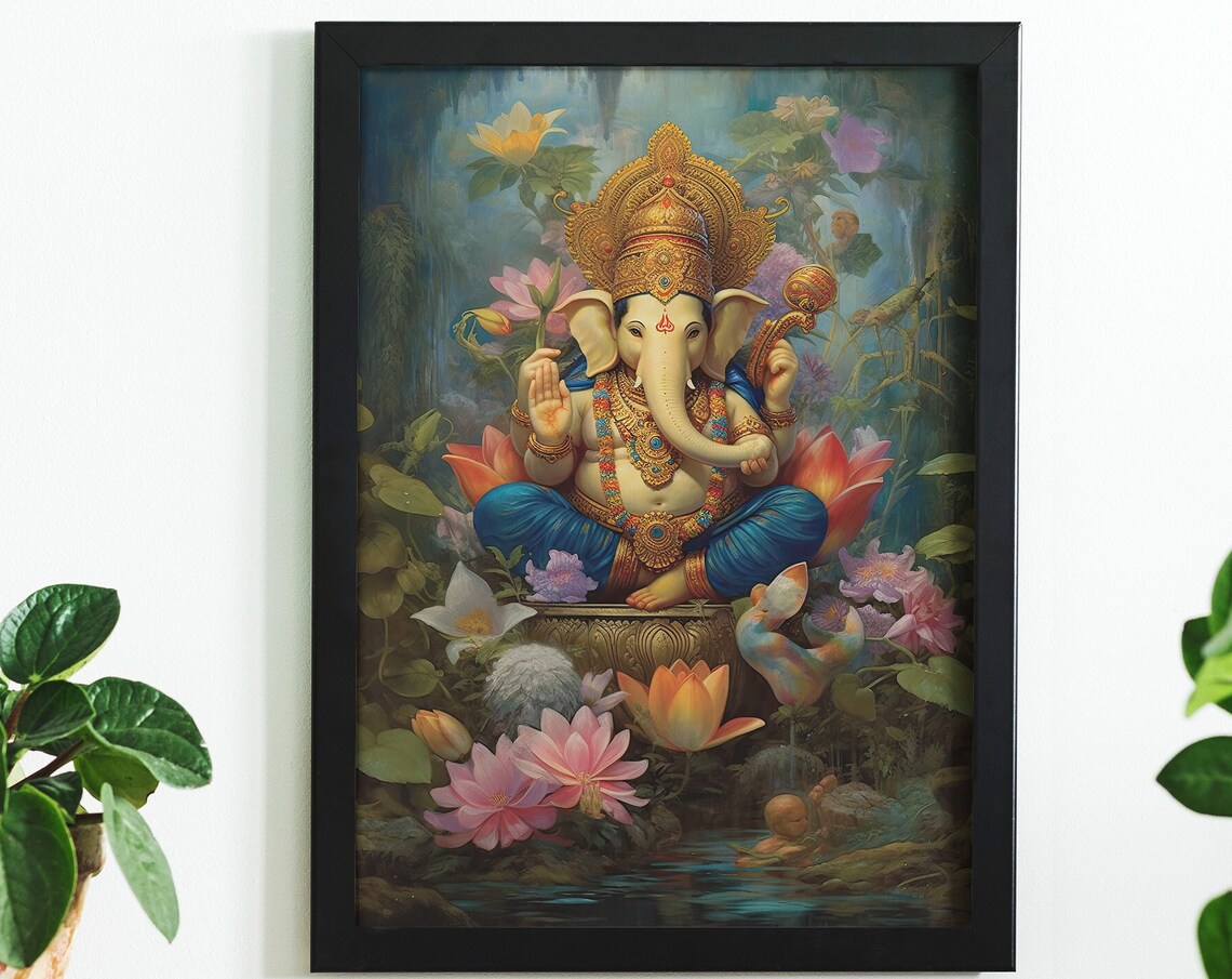 Ganesha Among Lotus Flowers Oil Painting Hindu Deity Wall Poster