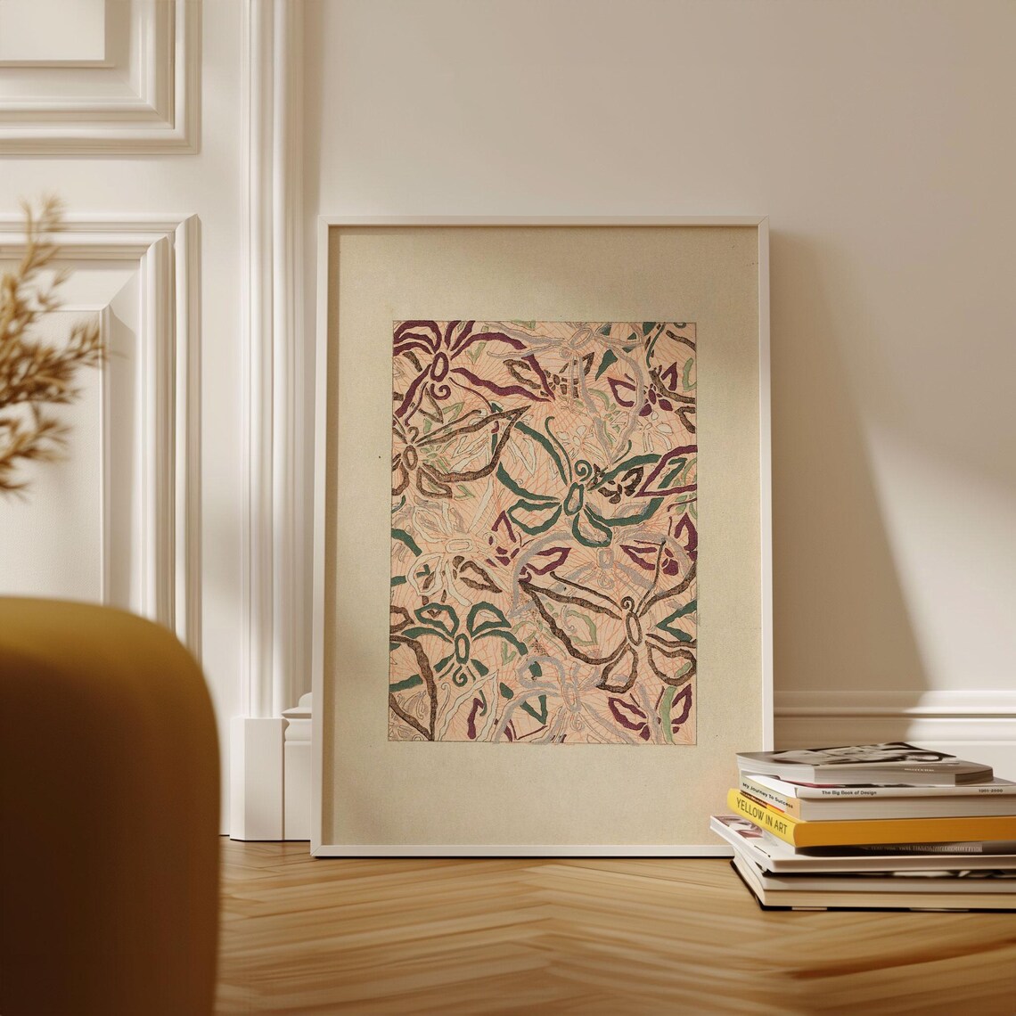 Vintage Japanese Floral Textile Pattern Pink and Beige Wall Art