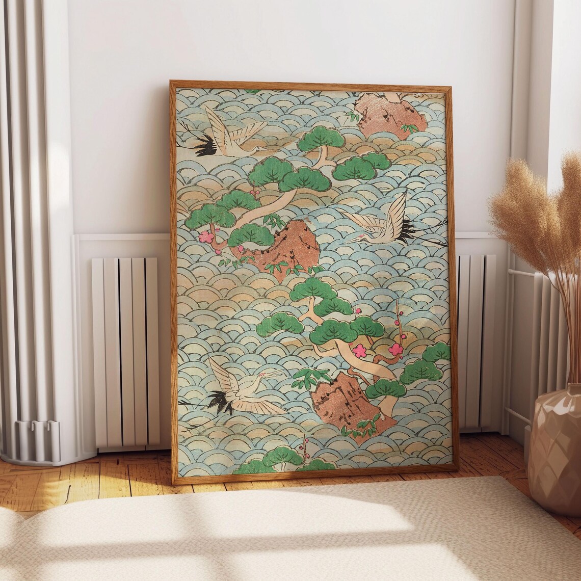 Japanese Flying Cranes Pine Seigaiha Wave Woodblock Art Poster - Image 3