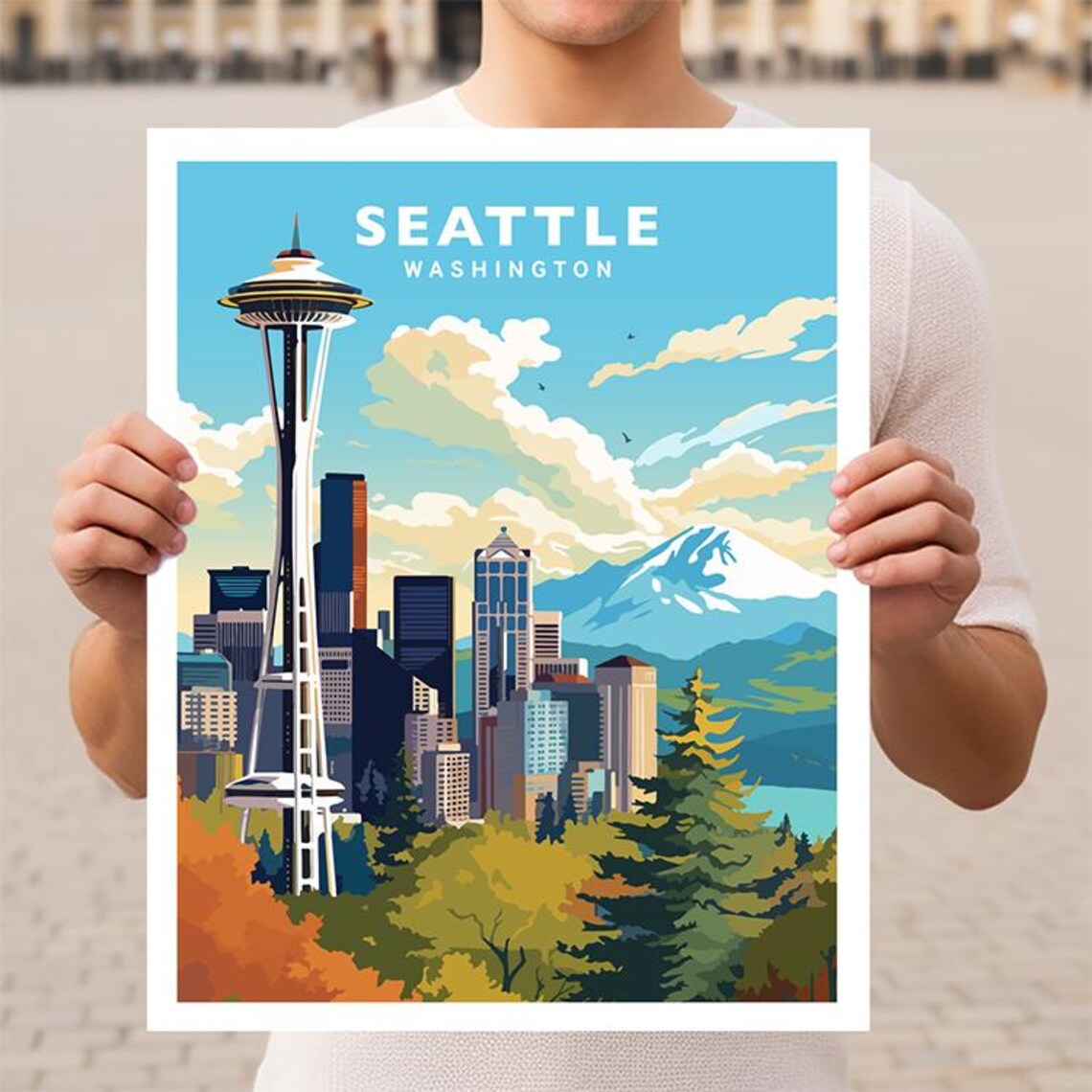 Seattle Washington Space Needle Mount Rainier Travel Poster