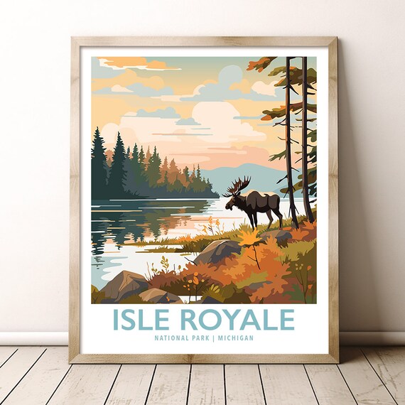 Isle Royale National Park Michigan Moose Lake Autumn Vintage Poster