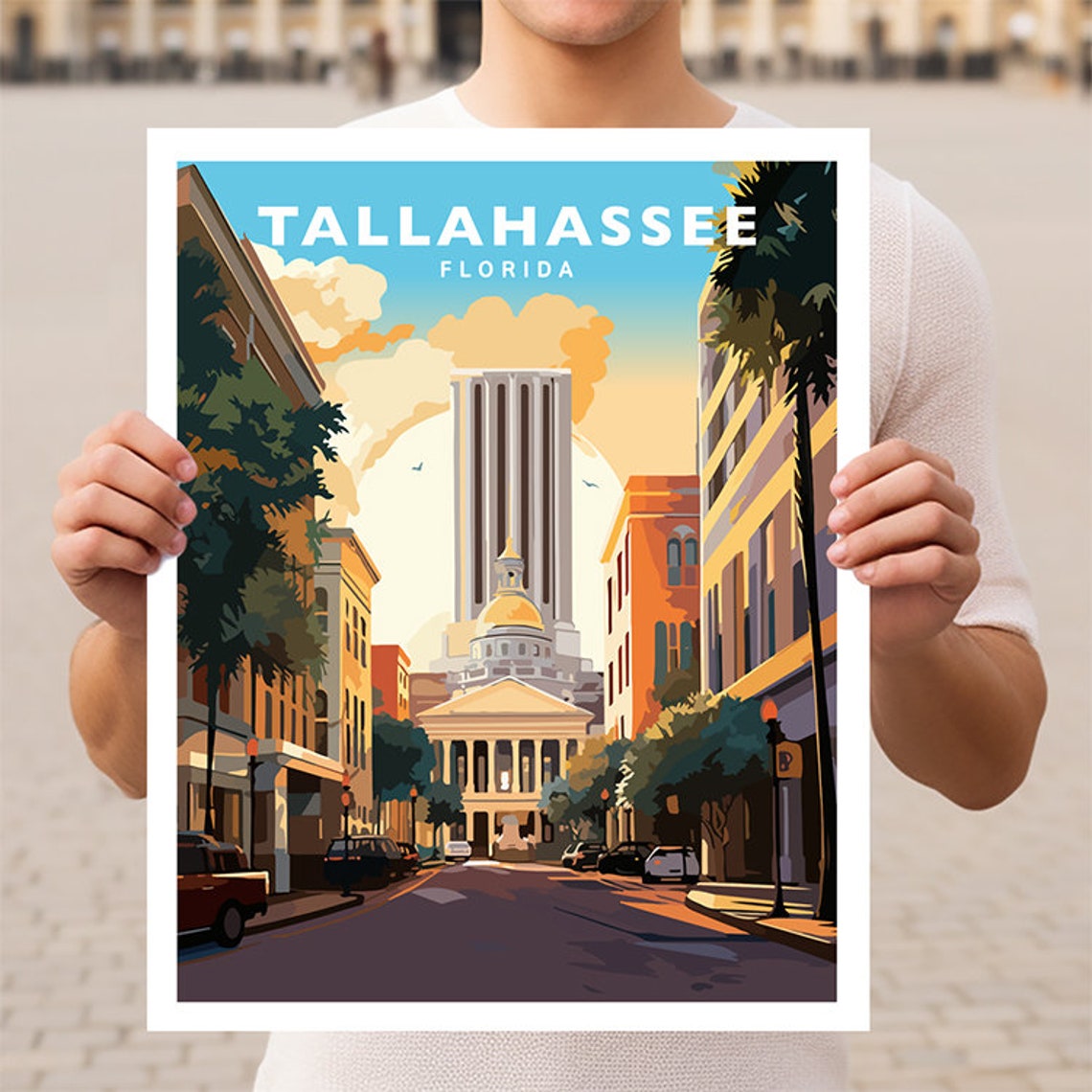 Tallahassee Florida Capitol Building Downtown Scene Travel Poster
