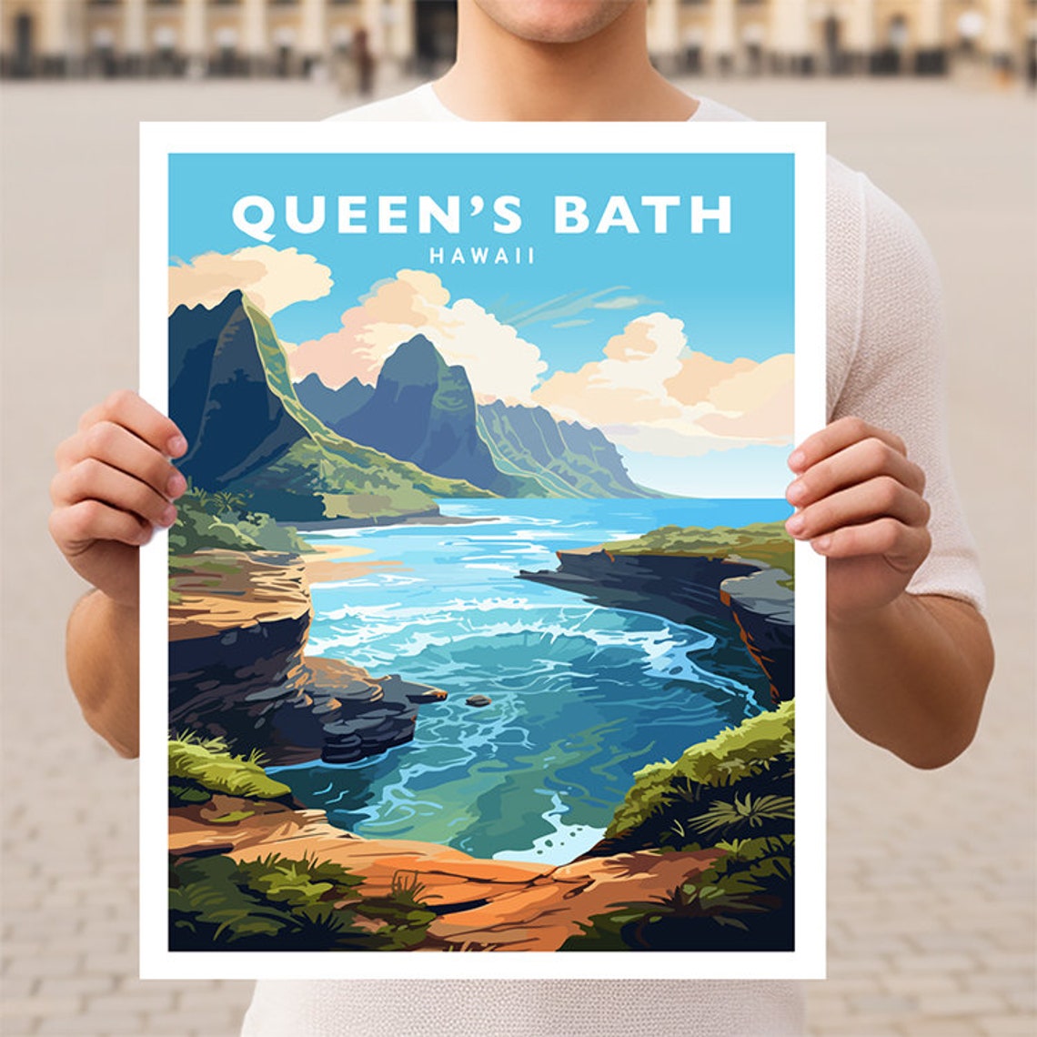 Hawaii Queens Bath Kauai Coastline Cliffs Turquoise Sea Poster Art