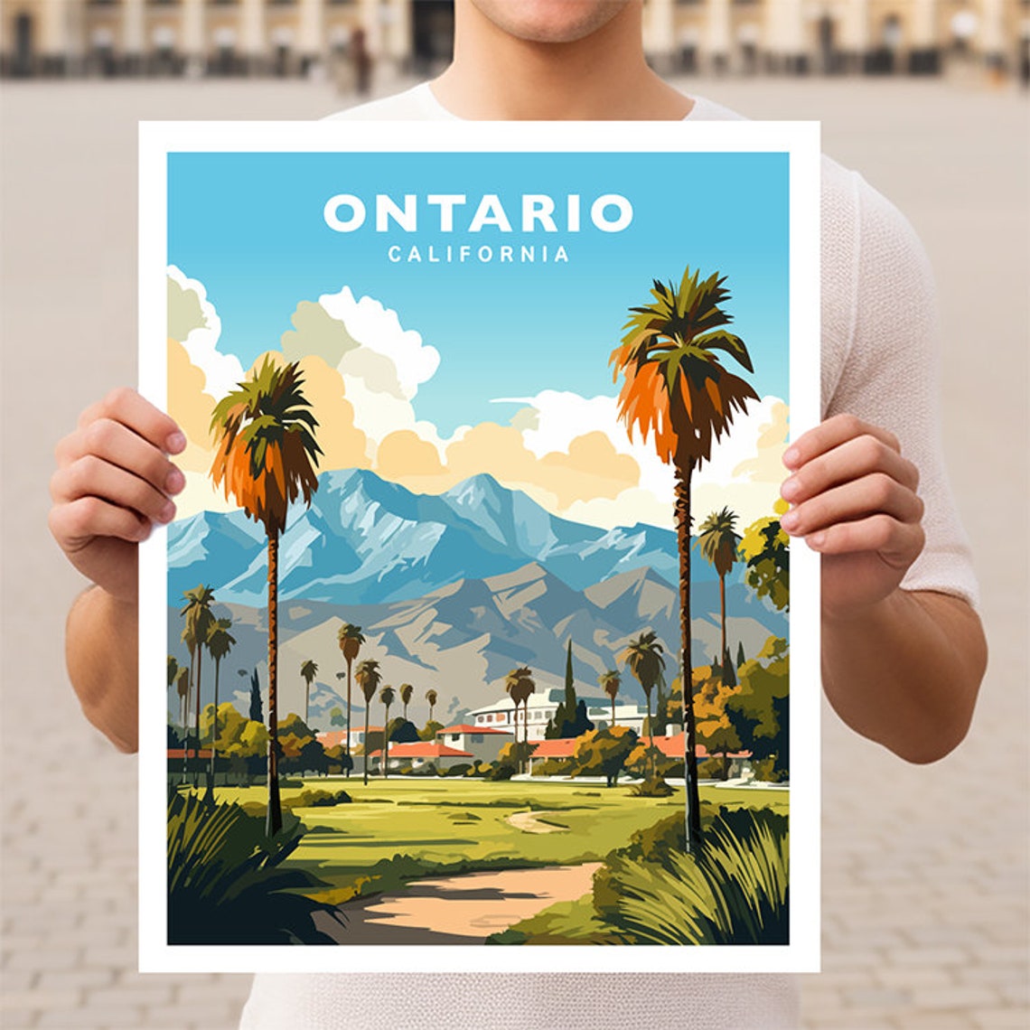 Ontario California Golf Course Palm Trees Mountain View Travel Poster