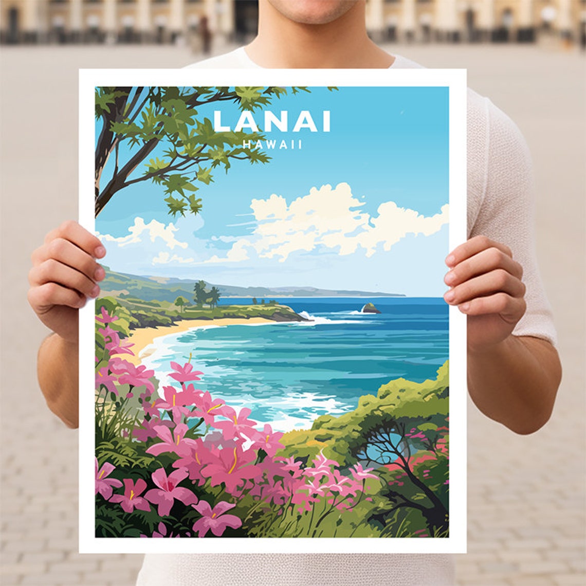 Lanai Hawaii Tropical Cove Beach Pink Flowers Ocean View Travel Poster