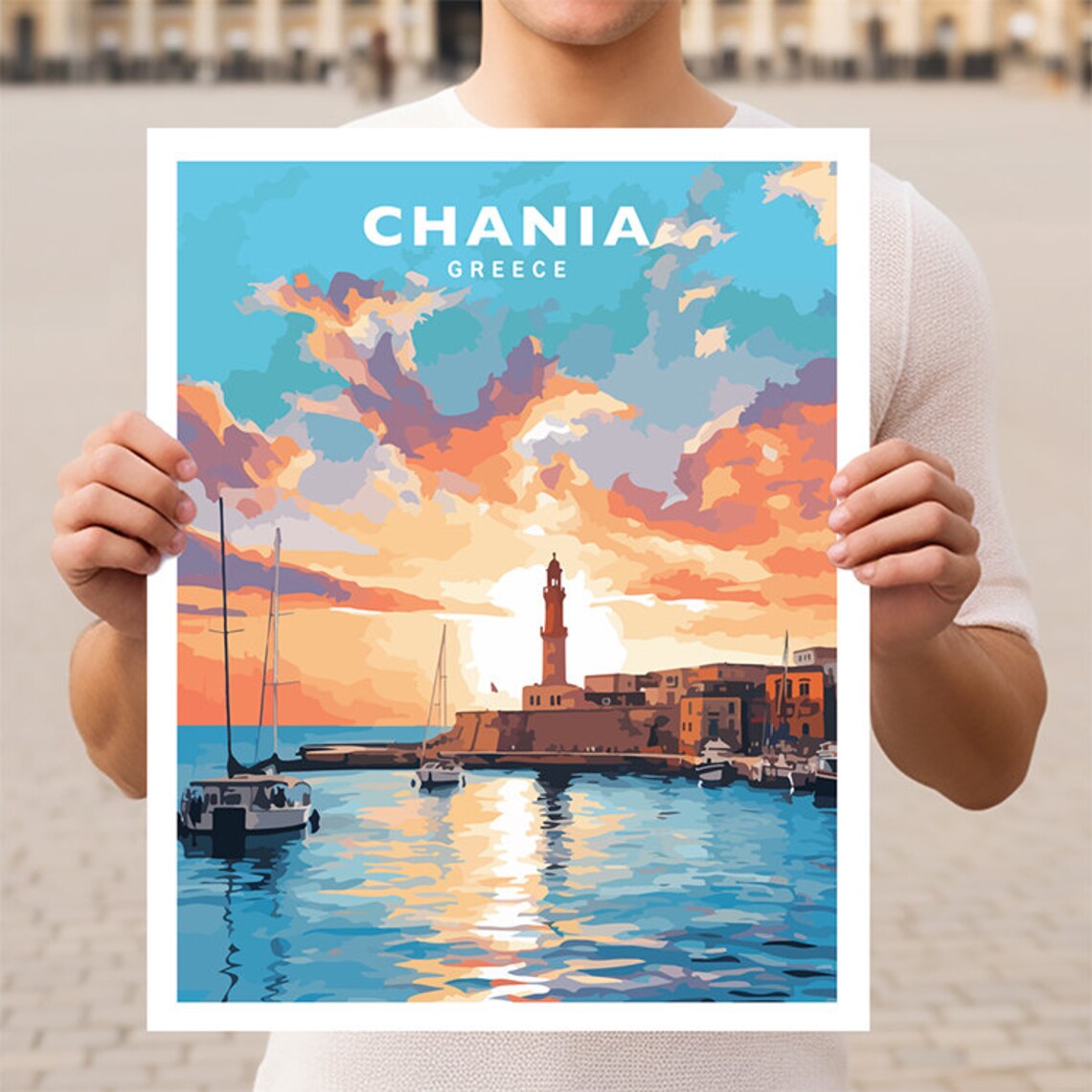 Chania Old Harbor Lighthouse Sunset Crete Greece Travel Poster