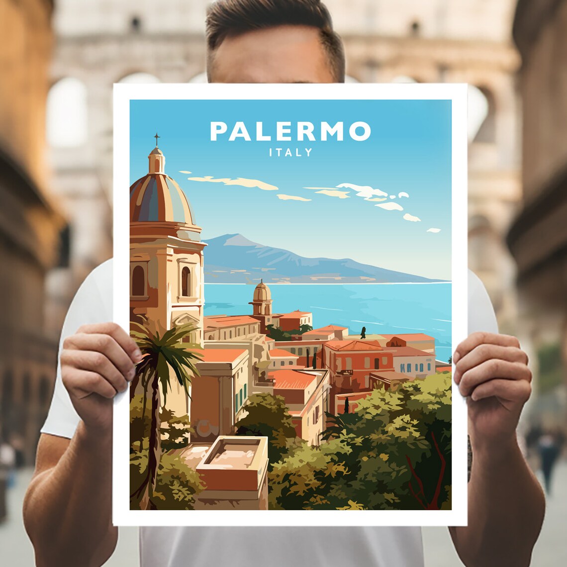 Palermo Italy Sicily Domed Church Coastline Vintage Travel Poster