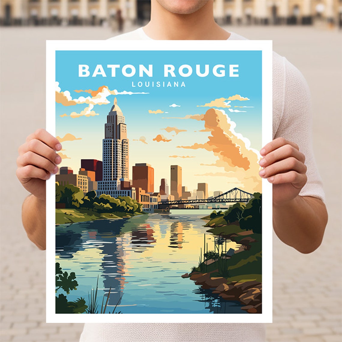Baton Rouge Louisiana Skyline Sunset River Bridge Travel Poster
