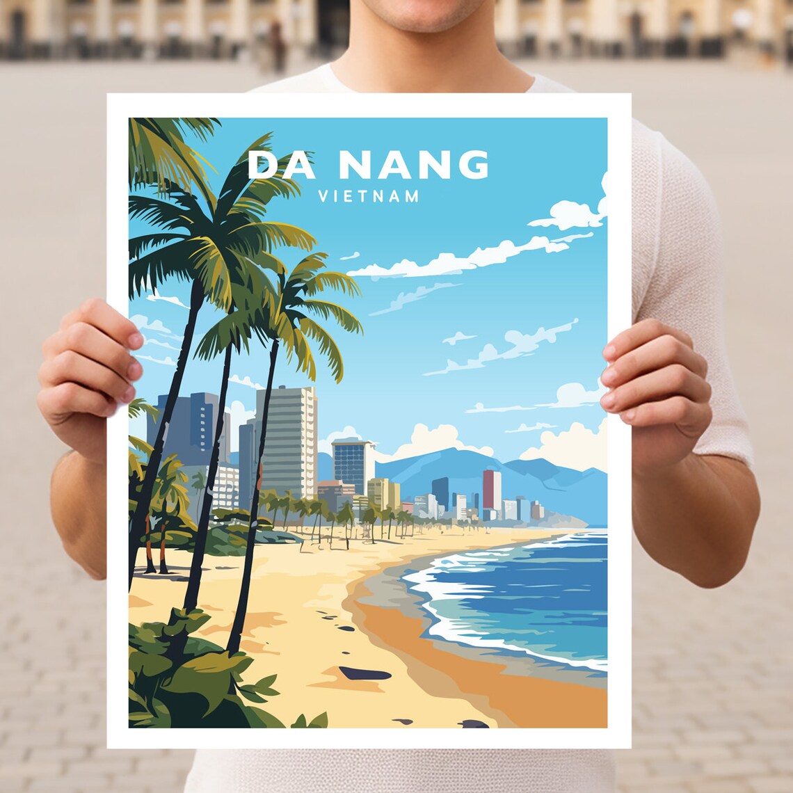 Da Nang Vietnam Golden My Khe Beach Palm Trees City Skyline Poster