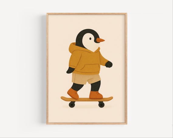 Cool Penguin Skateboard Art Print For Kids Room Modern Nursery Wall With Cute In Hoodie Scandinavian Animal Poster