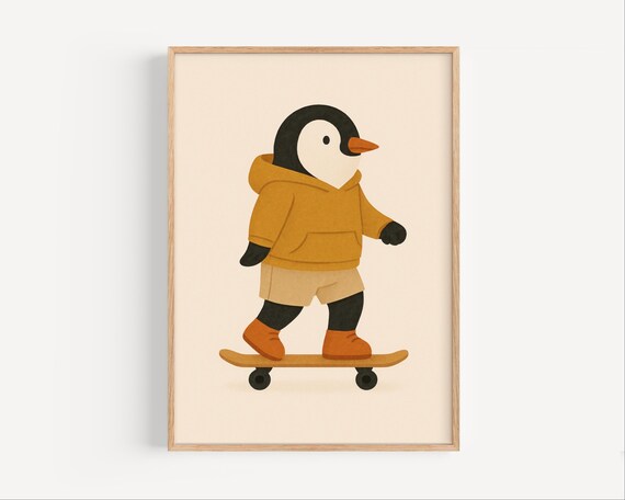 Cute Penguin in Mustard Hoodie Riding Skateboard Kids Room Poster