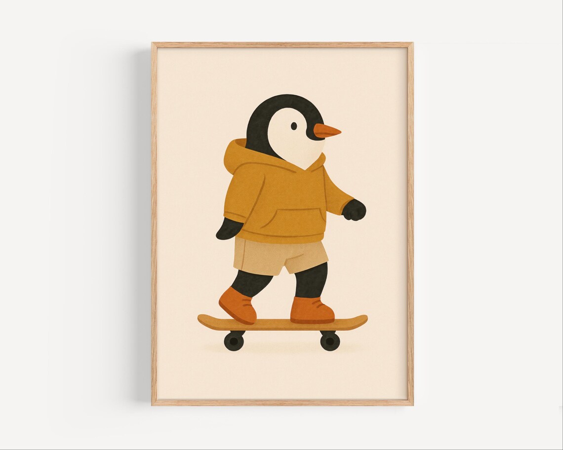 Cute Penguin in Mustard Hoodie Riding Skateboard Kids Room Poster