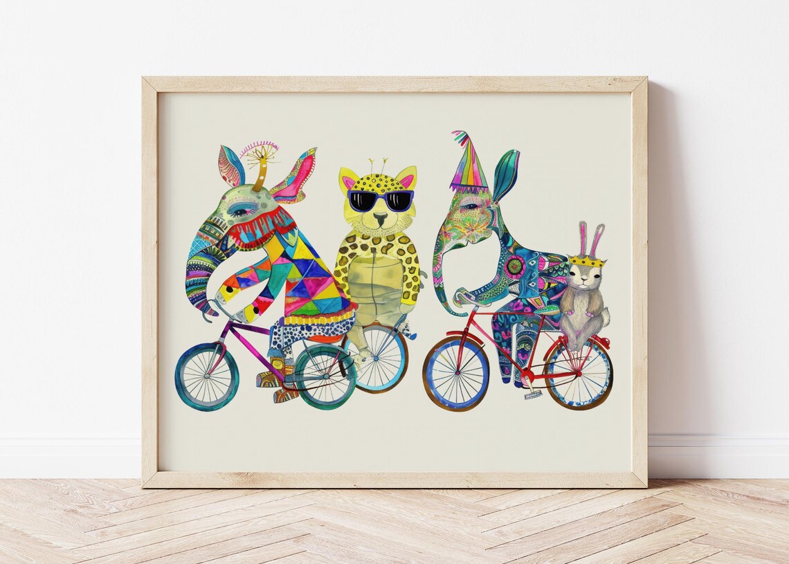 Colorful Bicycle Animals Art Print Leopard Elephant Rabbit Nursery Wall Poster Whimsical Kids Room Artwork Decor