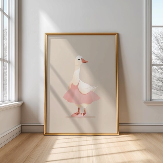 Ballerina Duck In Pink Dress Cute Nursery Minimalist Art Poster