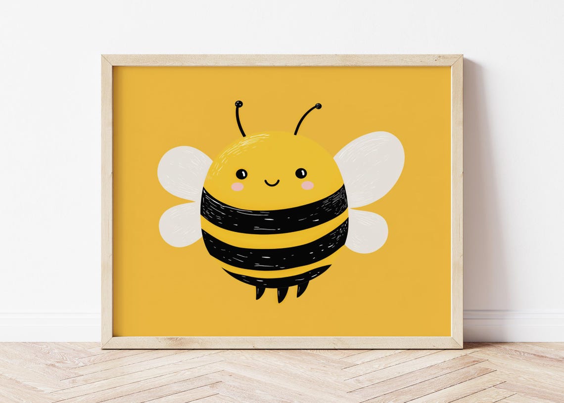 Smiling Bumble Bee On Mustard Yellow Nursery Kids Room Wall Poster