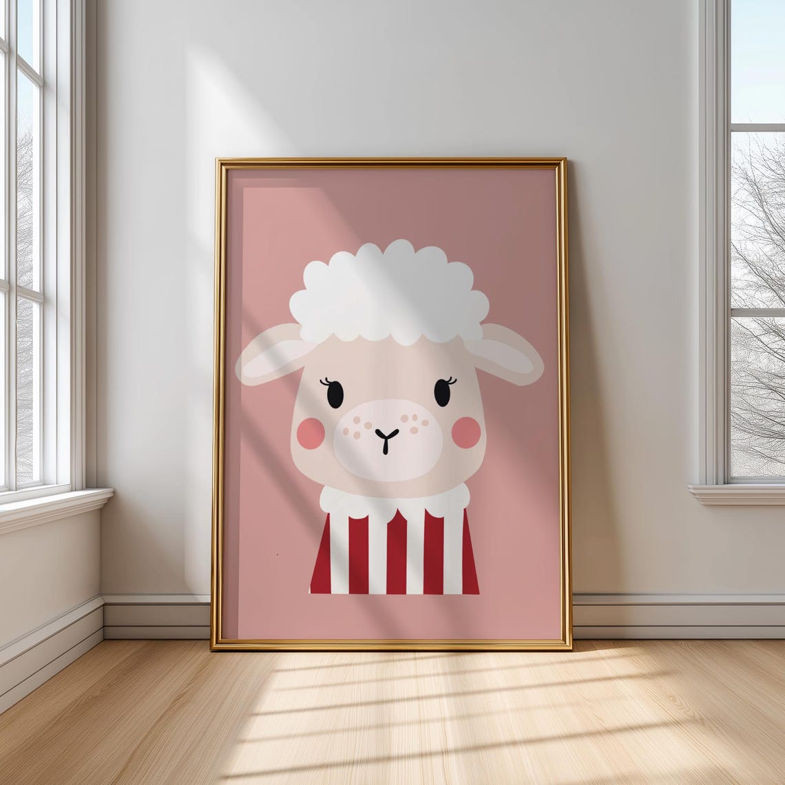Cute Lamb Face in Striped Pajamas on Pink Sweet Nursery Animal Poster