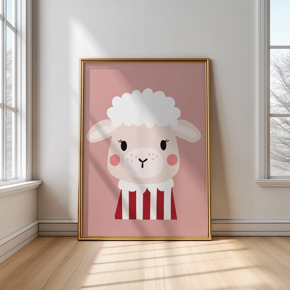 Cute Lamb Face in Striped Pajamas on Pink Sweet Nursery Animal Poster