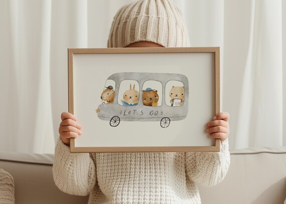 Animal Bus Watercolor Nursery Poster Minimalist Kids Room Wall Art