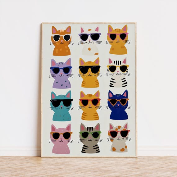 Colorful Funny Cat Wall Art Print Cats In Sunglasses Poster Animal For Kids Pastel Childrens Room