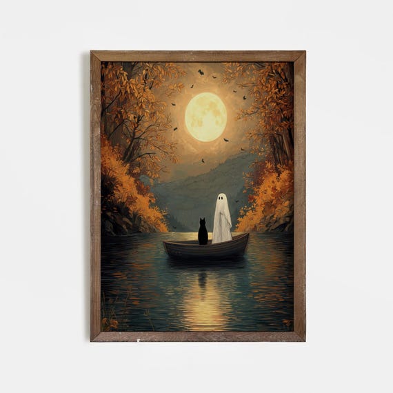 And Black Cat On Boat Under Full Moon Spooky Cute Halloween Wall Art Autumn Lake Night Print Witchy Fall Home Decor