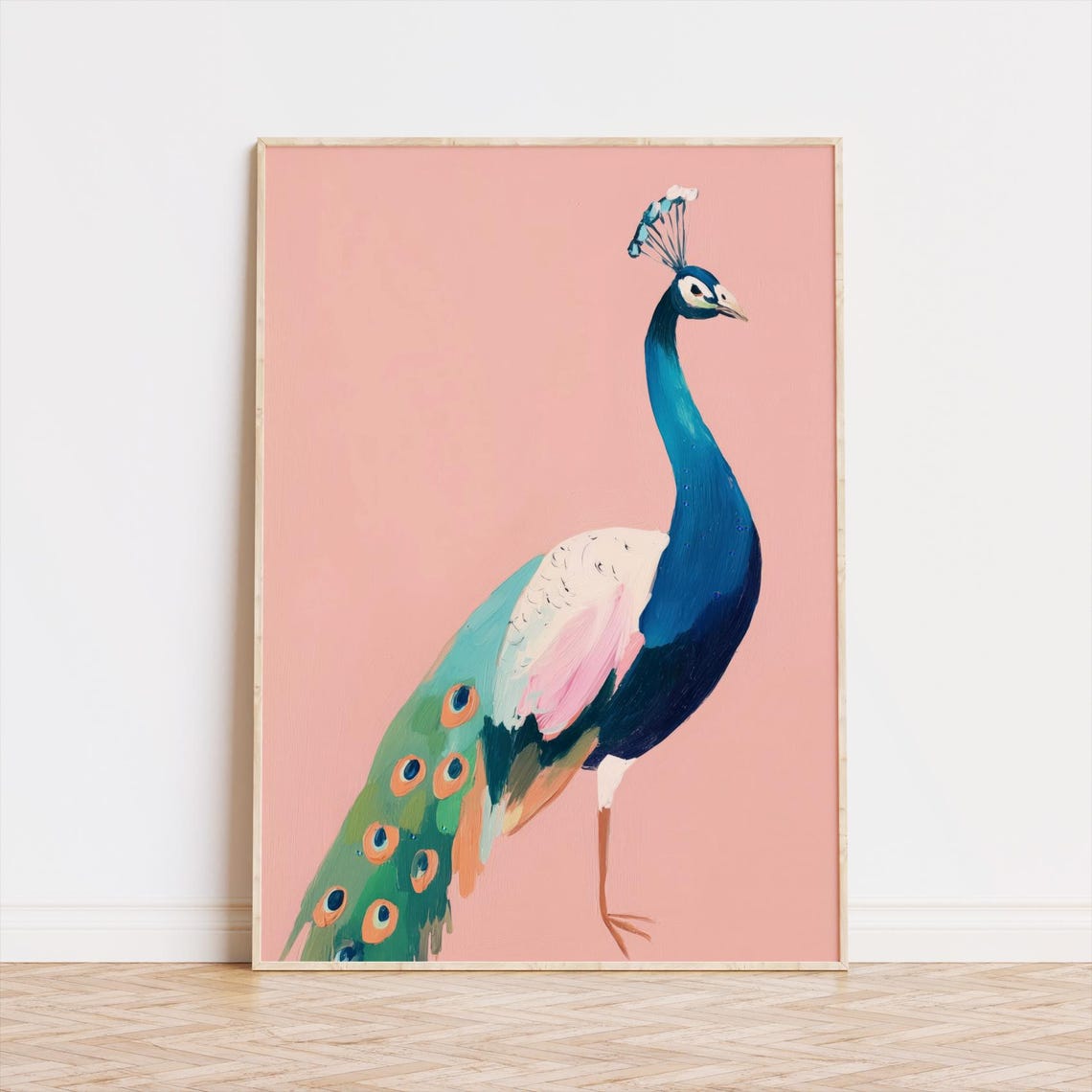 Peacock On Coral Background Poster Elegant Blue Bird Pink Decor Art