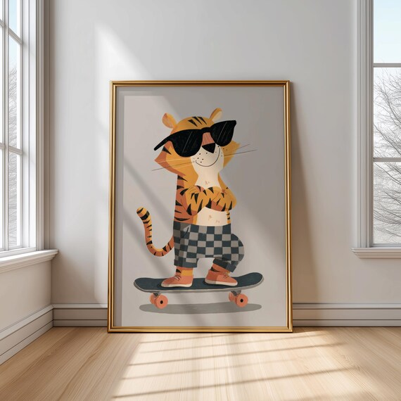 Cool Skateboarding Tiger Wearing Sunglasses Kids Animal Art Poster